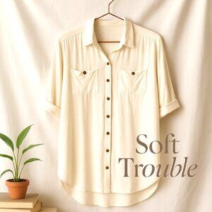 Boho White Button Down Tunic Blouse–Longline Rayon Top w/ Pockets, Flowy & Chic